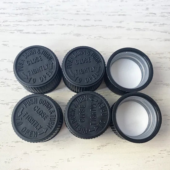 20mm 24mm 28mm Black Plastic PP Ribbed Sided Screw Caps Child Resistant Safety Caps for Capsule Glass Bottles