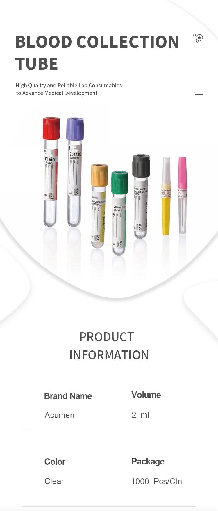 Disposable Glass or Pet EDTA/Plain/Gel&Clot/Heparin/ESR Vacuum or Non-Vacuum Blood Collection Tube
